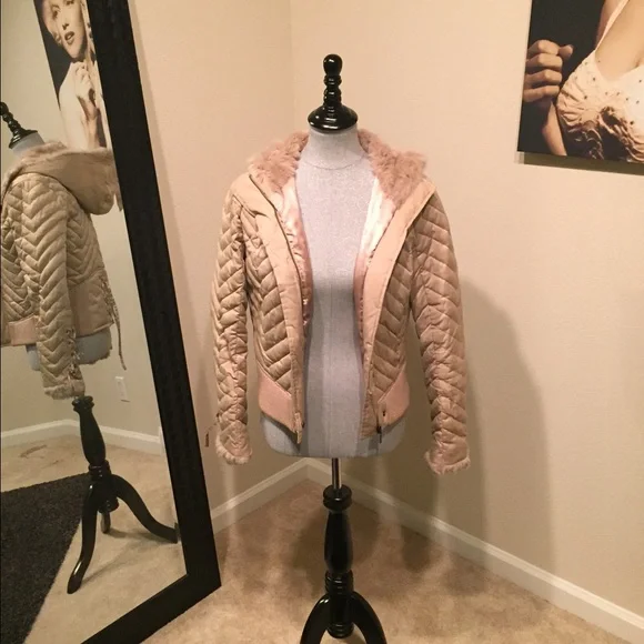bebe Quilted Tan Jacket with Fur Trim - Picture 1 of 2